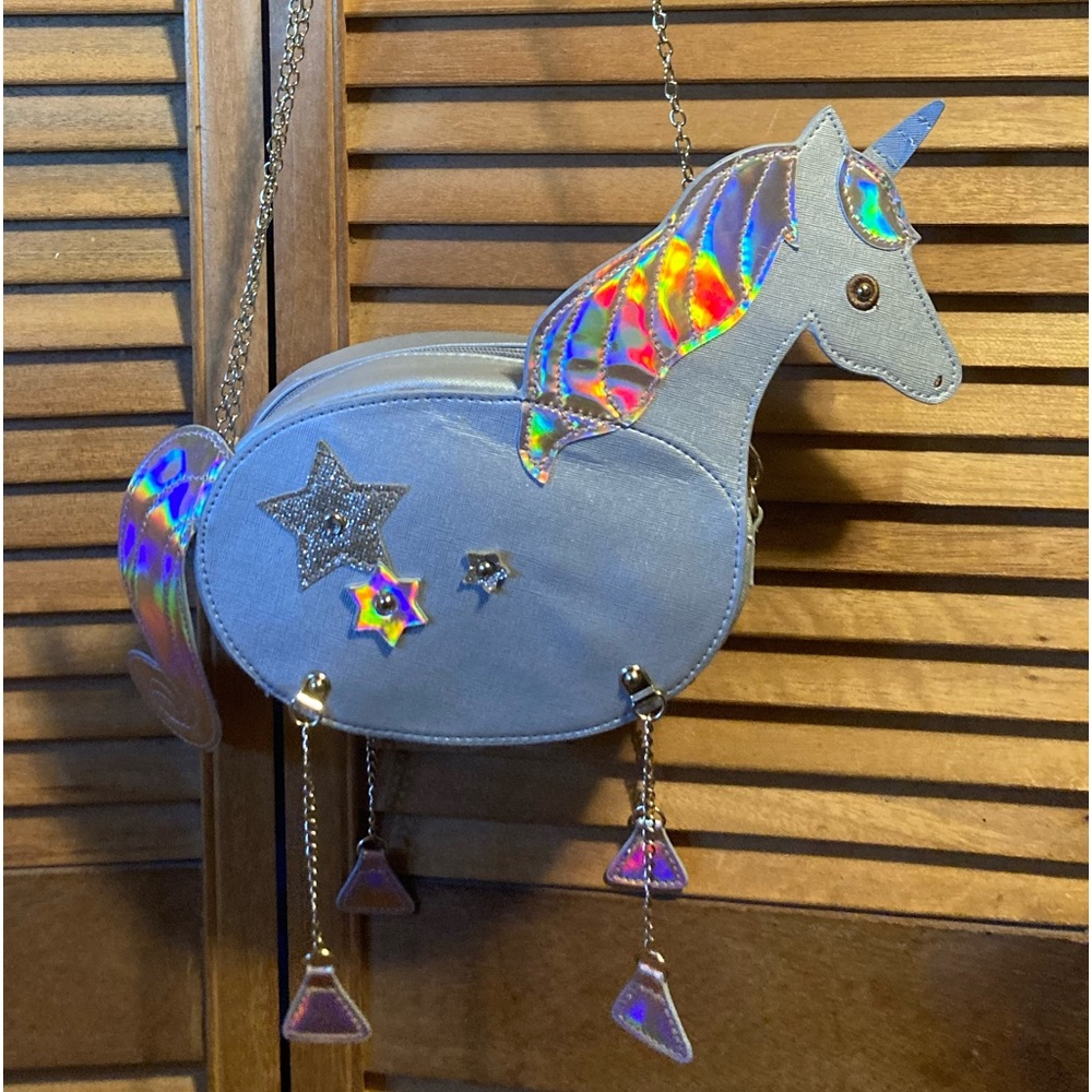 Grey Unicorn Crossbody Bag with Iridescent & Sparkly Decorative Appliqués